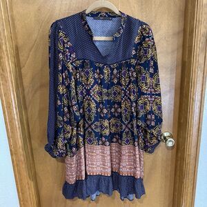 Anthropologie Azel Hazel Haze Mixed Print Baggy Sleeve Mini Dress Pockets Small